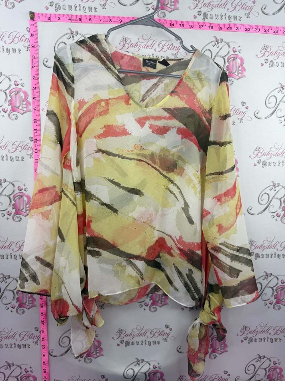 Chico's travellers Sheer Abstract Tie-Sleeve V-Neck Blouse - Yellow red Brown
